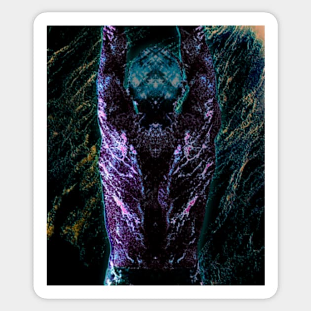 Portrait, digital collage and special processing. Men's back. Mystic. Energy waves. Green and violet. Emboss and glow. Sticker by 234TeeUser234